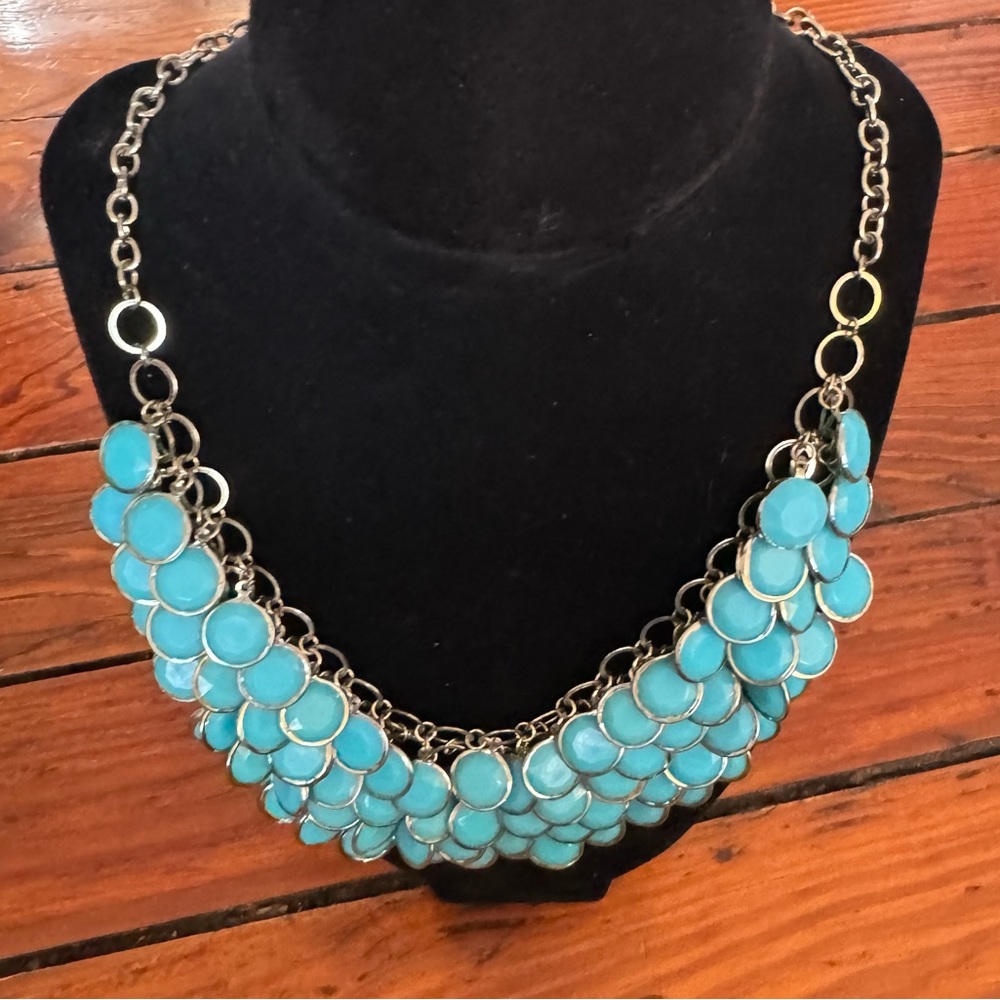 Turquoise Beaded Teardrop Statement Necklace Silver Tone Jewelry 5 Layer Drop